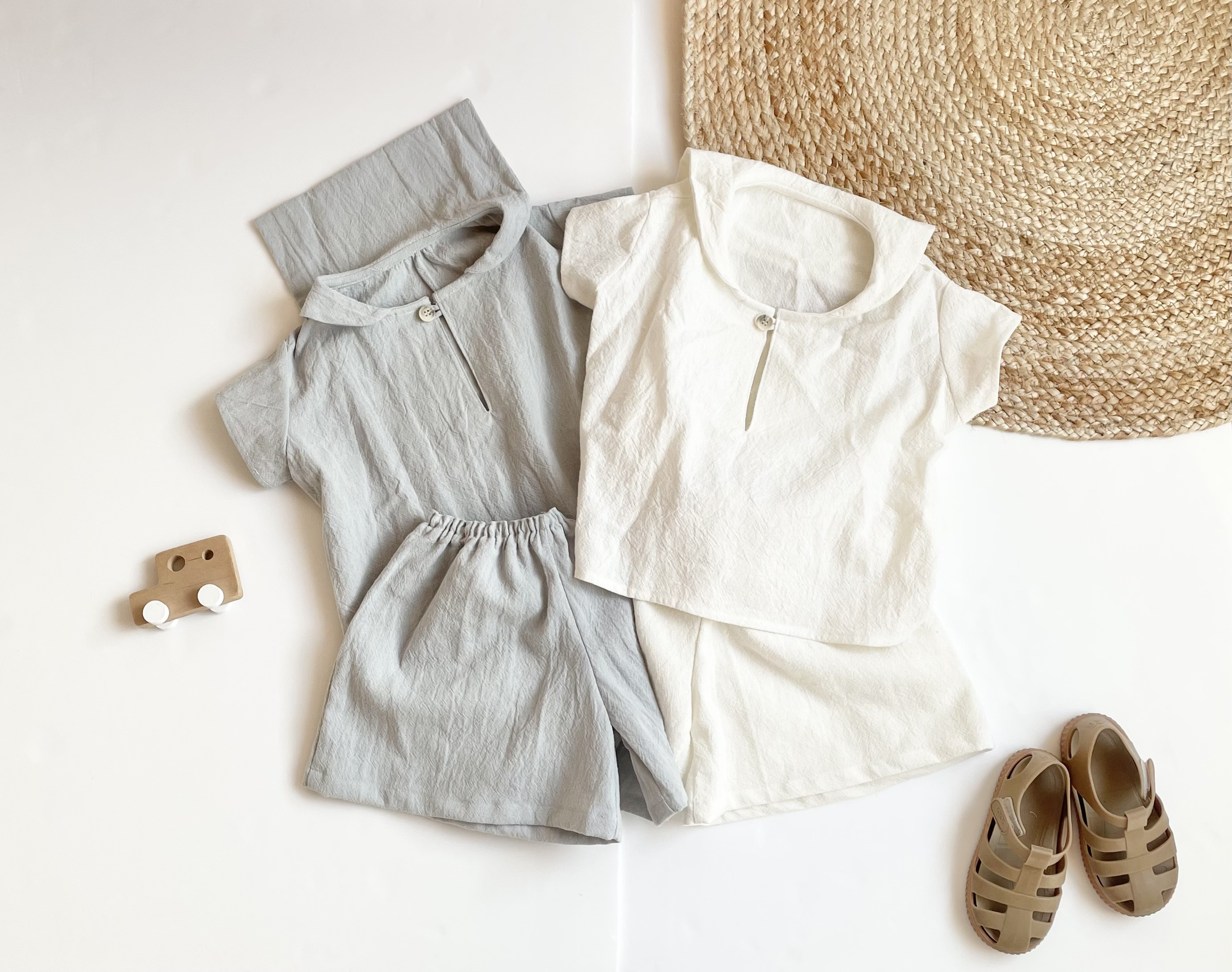 kids// cottonlinen set up セーラーカラーシャツ、ハーフパンツ