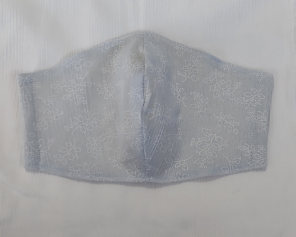 【送料無料】高島ちぢみ　立体型マスク　リーフ柄　エレガントブルー　Ｌsize 1枚目の画像