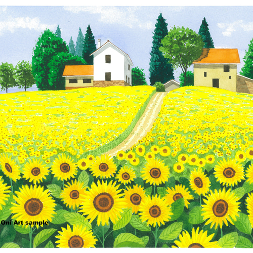 透明水彩画原画「ひまわり畑01」額縁付SMサイズ風景画
