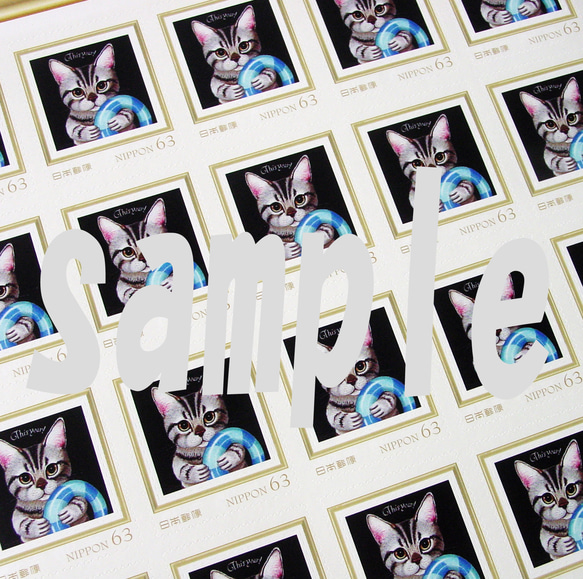 オリジナルデザイン63円切手5枚・サバトラ・しま猫・浮き輪・プール・猫かき・夏の思い出・きりっと目・かわいい・パステル画 2枚目の画像