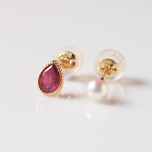 K18ルビーとパールのピアス アシンメトリー ドロップ ピアス