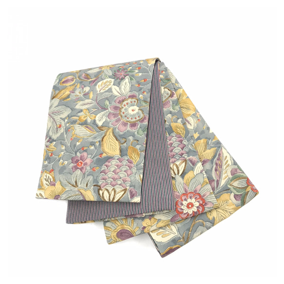 美品 上質 正絹 大人上品 オリエンタル更紗x縞 両面違い 長尺408  