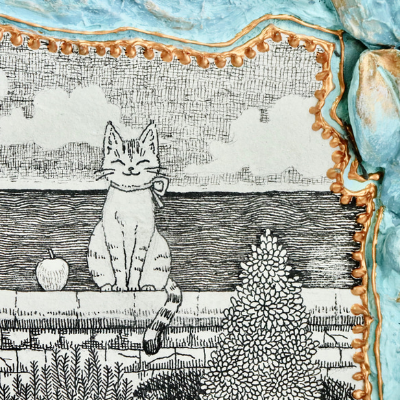 【一点物】「庭から見た海と猫」ペン画とテクスチャーアート　壁掛けインテリアアート　水色の装飾 4枚目の画像