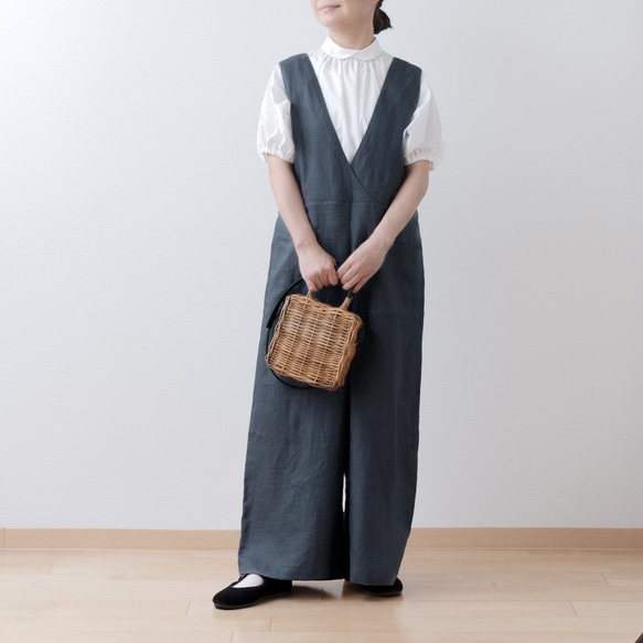 大人のカシュクールサロペットワイドパンツ-リネン/チャコールグレー