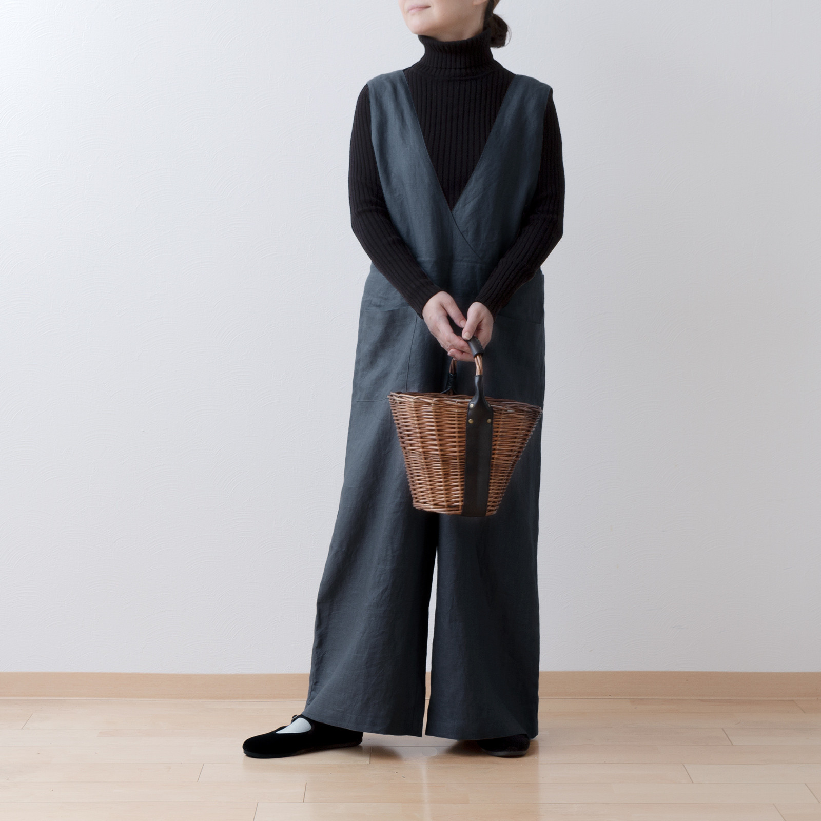 大人のカシュクールサロペットワイドパンツ-リネン/グレー