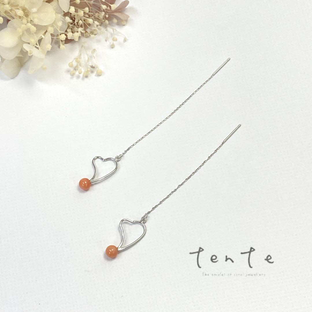 【コーラルジュエリー】桃色サンゴ アメリカンピアス『ハート』シルバー925 y012