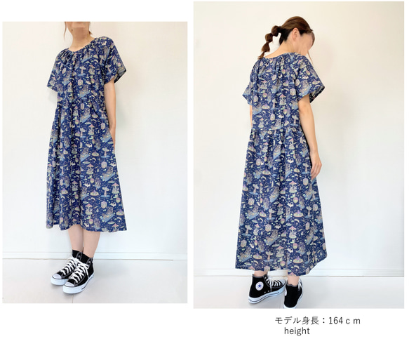松鼠和花朵圖案短袖連衣裙 * 寬鬆插肩 一種尺寸最適合 * 100% 棉 * 風信子藍 第20張的照片