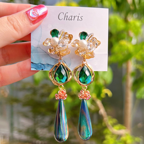 グリーン ビジュー 大人可愛い ピアス/イヤリング ピアス（スタッド