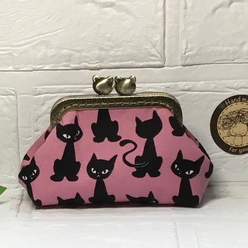 8.5㎝猫の口金・がま口財布・黒猫・ダークピンク・小銭入れ・お