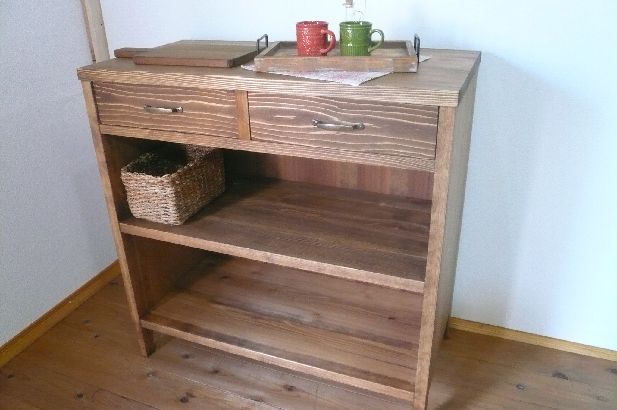 新生活応援キャンペーン　オープンキャビネット・レトロ【W90㎝】引出し2杯・オール無垢仕様