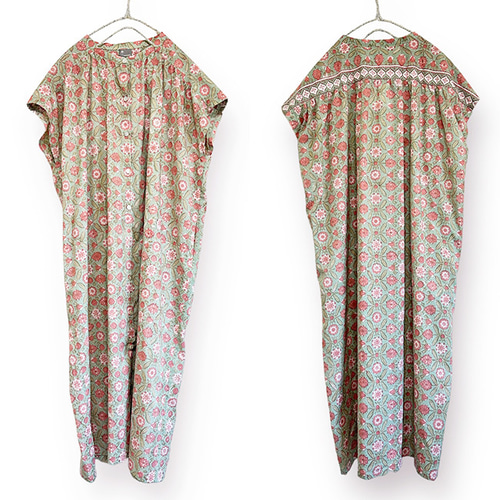 ブロックプリント前開きフレンチスリーブワンピース【セージグリーン