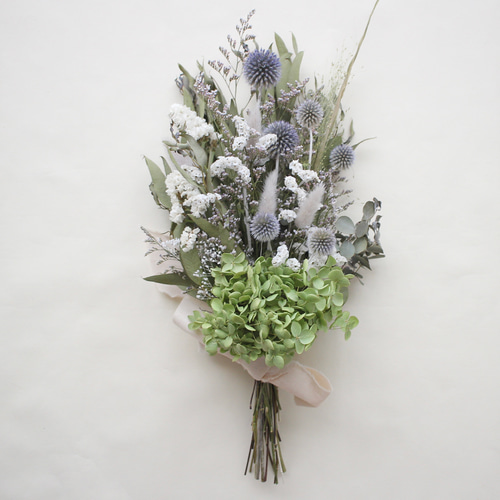 アナベルと元気が出るお花いっぱいリース　マリーゴールド　ルリタマアザミ Natural＊アナベルと瑠璃玉アザミのリース＊ドライフラワー