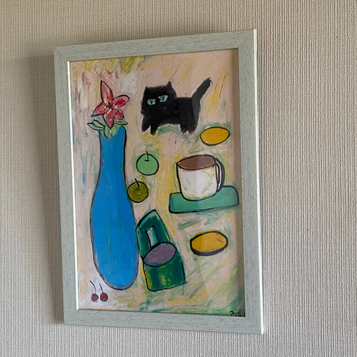 プレゼント絵画。壁掛け原画【ピアノの部屋の椅子の上の白い猫と美しい