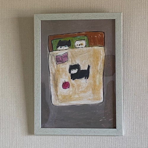 絵画。壁掛け原画【おやすみ、猫ちゃん】
