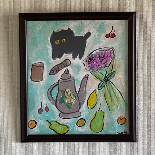 プレゼント絵画。壁掛け原画【ピアノの部屋の椅子の上の白い猫と美しい