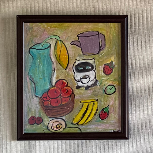 絵画 。壁掛け絵原画【テーブルの上の果樹と果物を食べたい太った猫】
