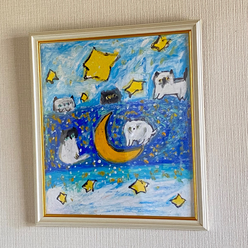 絵画 。壁掛け絵手描き【猫たちは銀河にかわいい星を入れている】