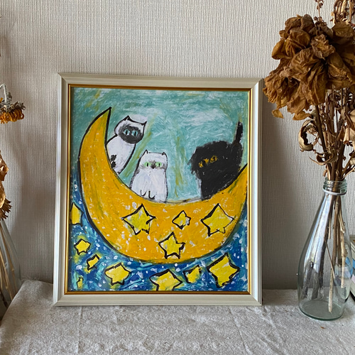絵画 。壁掛け絵手描き【かわいい猫たちが月亮船に乗って世界を旅する