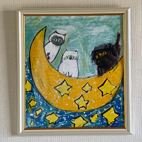 絵画 。壁掛け絵【かわいい猫たちが月亮船に乗って世界を旅する】 絵画