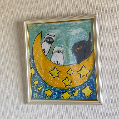 絵画 。壁掛け絵【かわいい猫たちが月亮船に乗って世界を旅する