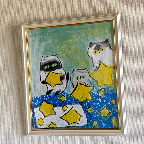 絵画 。壁掛け絵手描き【猫たちは銀河にかわいい星を入れている】 絵画 。壁掛け絵手描き【猫たちは銀河にかわいい星を入れている】