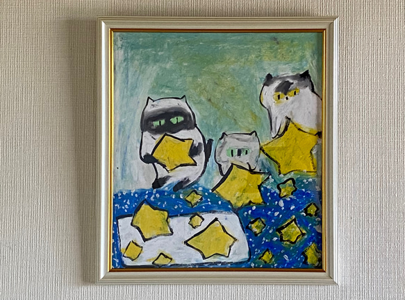 絵画 。壁掛け絵手描き【猫たちは銀河にかわいい星を入れている