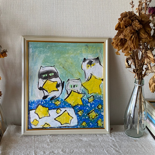 絵画 。壁掛け絵手描き【猫たちは銀河にかわいい星を入れている】 絵画 。壁掛け絵手描き【猫たちは銀河にかわいい星を入れている】