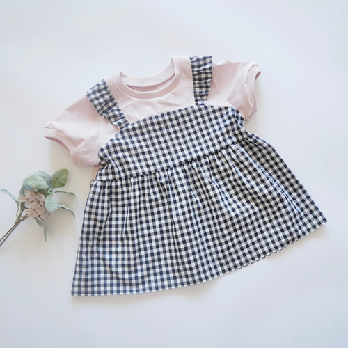 ギンガムチェックのドッキングキャミT(90-140)＊スモーキーピンク  