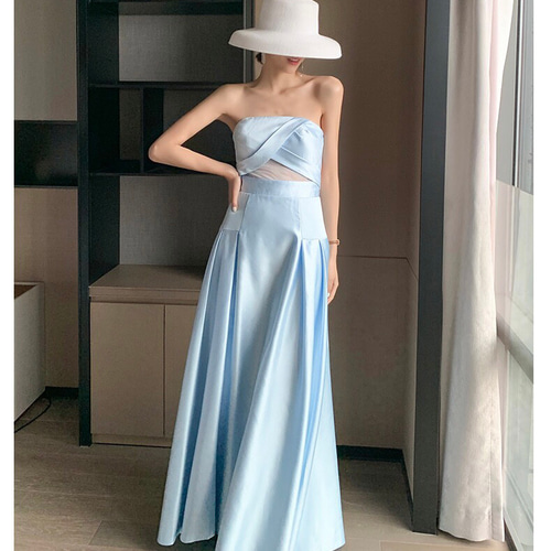 サテン チューブトップ ライトブルーウエディングドレス 二次会 ドレス  