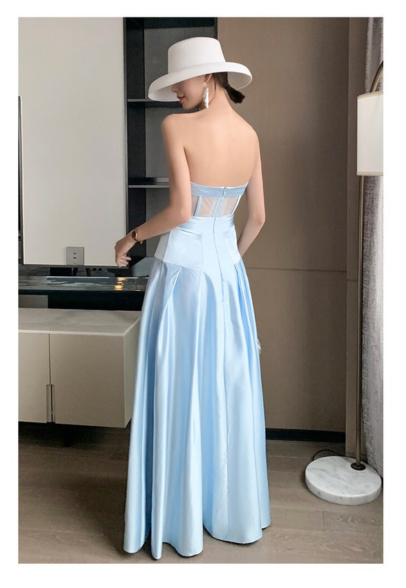 サテン チューブトップ ライトブルーウエディングドレス 二次会 - 激安 