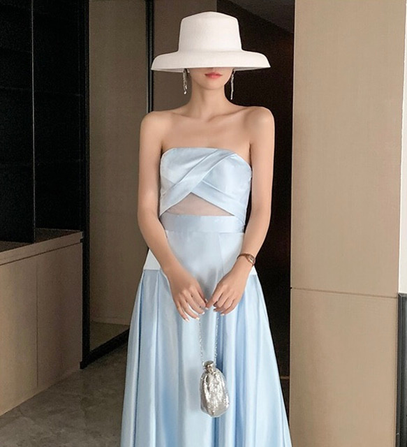 サテン チューブトップ ライトブルーウエディングドレス 二次会 - 激安 