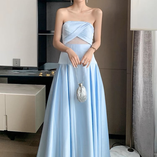 サテン チューブトップ ライトブルーウエディングドレス 二次会 ドレス 