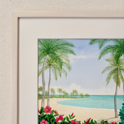 ハイビスカスとプルメリア」透明水彩画 原画 風景画 額縁付 F4サイズ