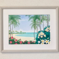 格安saleスタート ボ 原画 ハイビスカスとプルメリア」透明水彩画 風景画 F4 額縁付 絵画