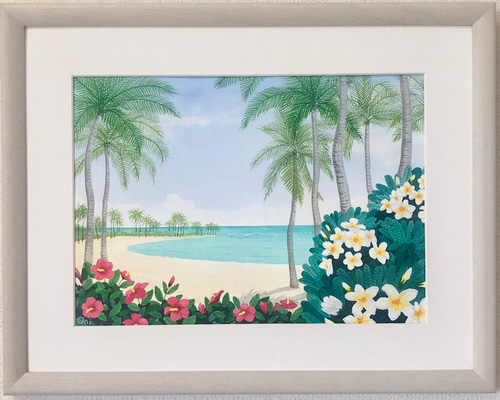 ハイビスカスとプルメリア」透明水彩画 原画 風景画 額縁付 F4