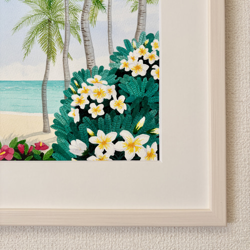 ハイビスカスとプルメリア」透明水彩画 原画 風景画 額縁付 F4サイズ