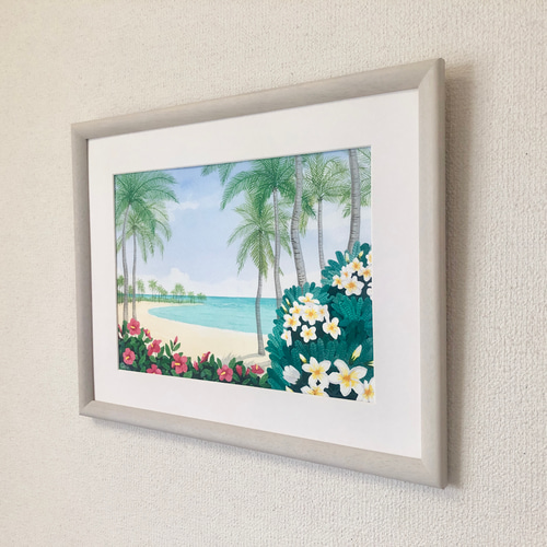 透明水彩画　原画　「ハイビスカスとプルメリア」額縁付　F4サイズ　海　風景画 透明水彩画原画「ハイビスカスとプルメリア」額縁付F4サイズ風景画