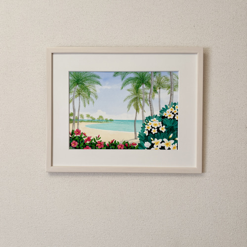透明水彩画　原画　「ハイビスカスとプルメリア」額縁付き　F4サイズ　風景画 ハイビスカスとプルメリア」透明水彩画 原画 風景画 額縁付 F4サイズ