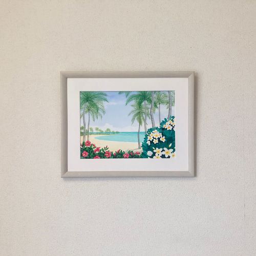 ハイビスカスとプルメリア」透明水彩画 原画 風景画 額縁付 F4