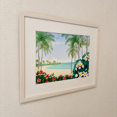 ハイビスカスとプルメリア」透明水彩画 原画 風景画 額縁付 F4サイズ