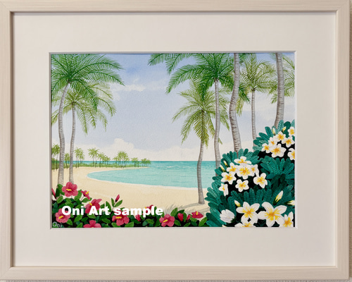 ハイビスカスとプルメリア」透明水彩画 原画 風景画 額縁付 F4サイズ