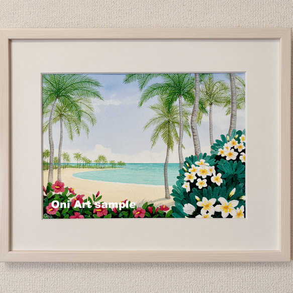 透明水彩画　原画　「ハイビスカスとプルメリア」額縁付き　F4サイズ　風景画 ハイビスカスとプルメリア」透明水彩画 F4サイズ 額縁付 風景画 原画 絵画
