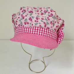 ベビーキッズの帽子  さくらんぼとギンガムチェックのキャスケット　（こどもサイズ　ピンク） 4枚目の画像