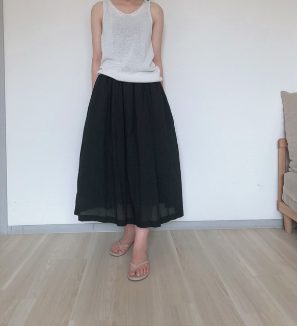 【春夏】裏地付きギャザースカート　ブラック 4枚目の画像