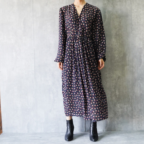 コヒナ　花柄　ネイビー ワンピース　XS リトルフラワーカシュクールワンピース【低身長・小柄女性