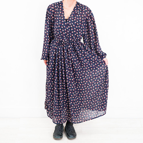 美品 小花柄 ノースリーブ ワンピース ネイビー 36 洗える 綿100% 大人の小花柄ワンピース ネイビー ワンピース panipani 通販