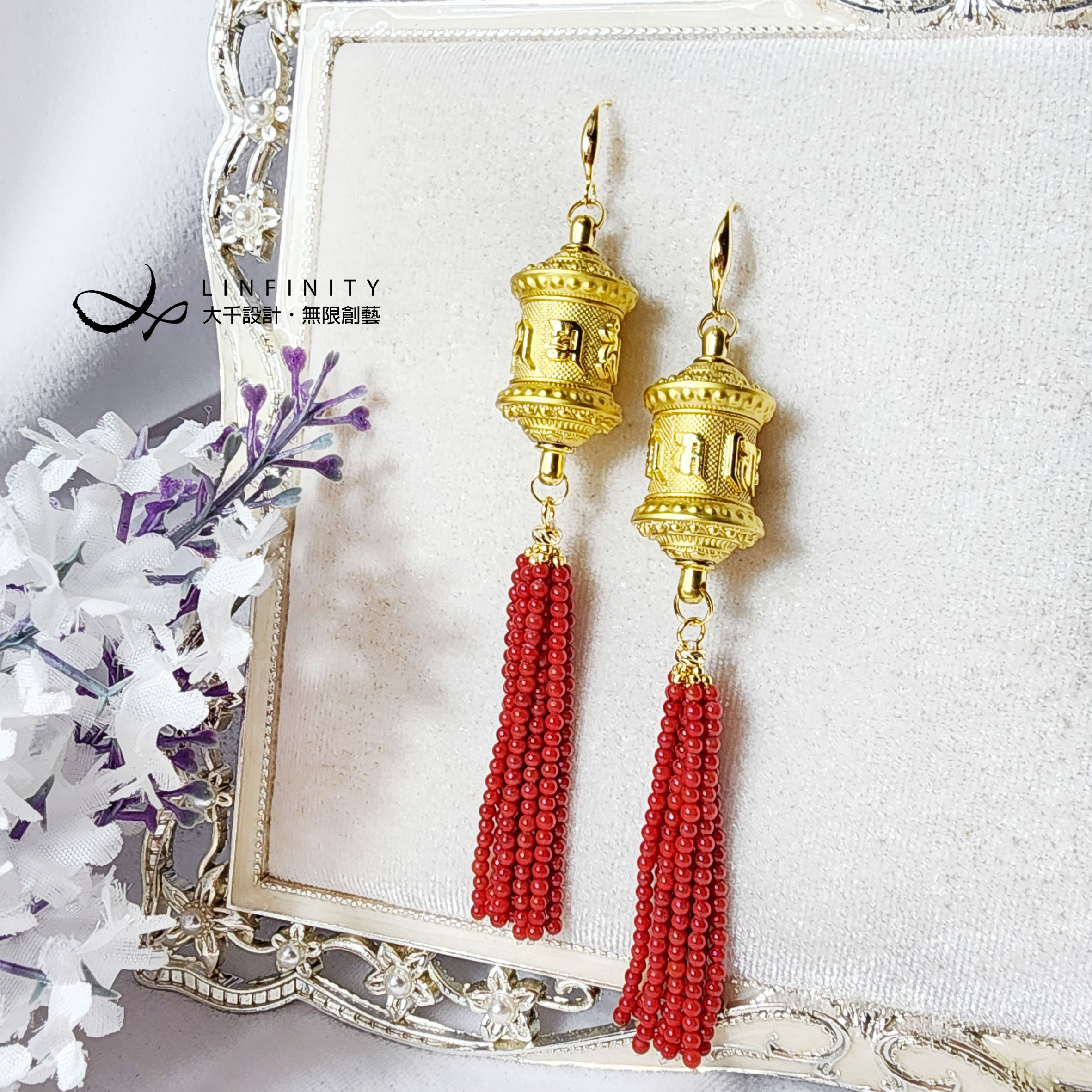 ✦❀ 新年をお迎えください | 宝石 50% オフ ❀✦ 限定デザインの六音節マントラの祈りの輪珊瑚タッセルイヤリング。祈り、功