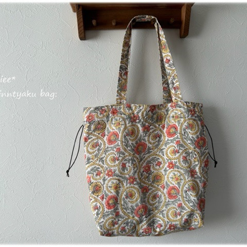 即納☆インド綿 花柄ブロックプリントの巾着トートバック♪ 巾着バッグ