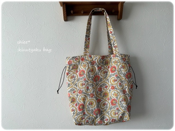 即納☆インド綿 花柄ブロックプリントの巾着トートバック♪ 巾着バッグ