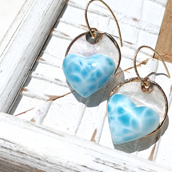 ❁Larimar sunrise earrings 14kgf♡超トップハイクオリティハートラリマー 1枚目の画像